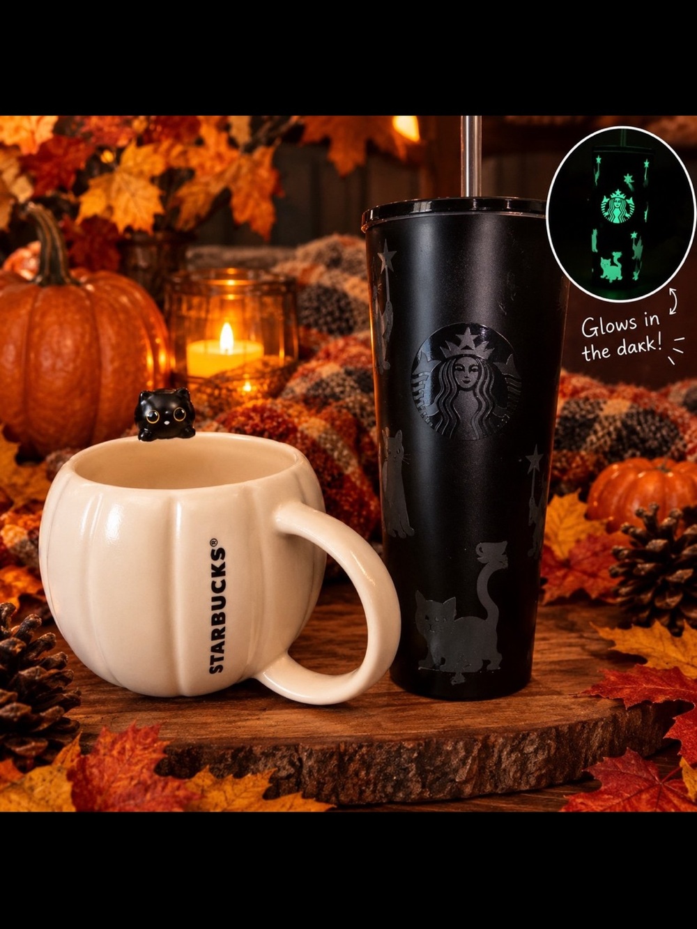 Starbucks Black Glow-In-The-Dark Halloween Tumbler & Cream Pumpkin Mug